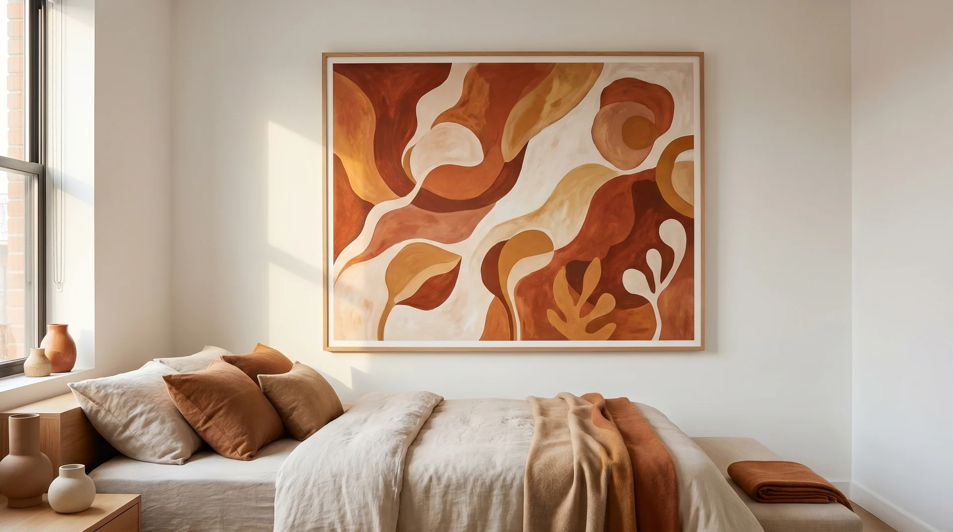 Large burnt orange and rust abstract art print in a thin brass frame above a bed in a plain rental bedroom
