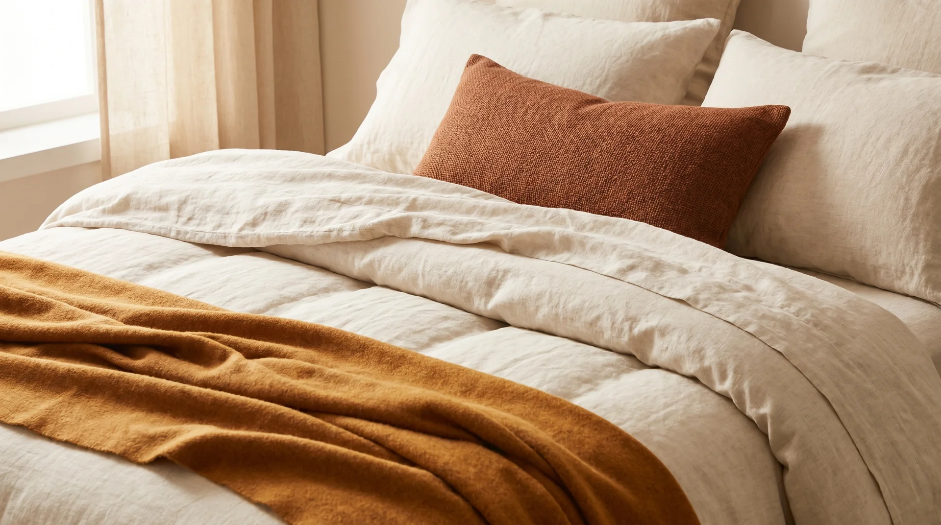 Layered burnt orange bedding with amber throw, rust lumbar cushion, and cream linen duvet on a bedroom bed 