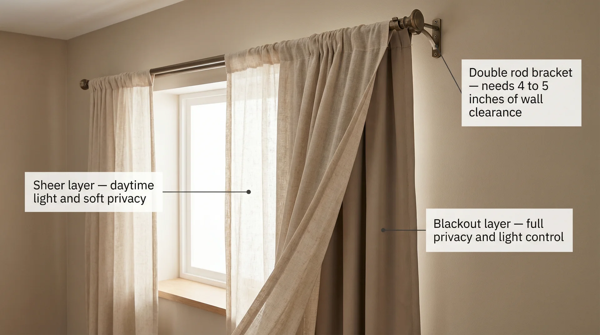 Layered curtain system on a large window showing a sheer front panel
and blackout back panel on a double rod, with labelled annotations.
