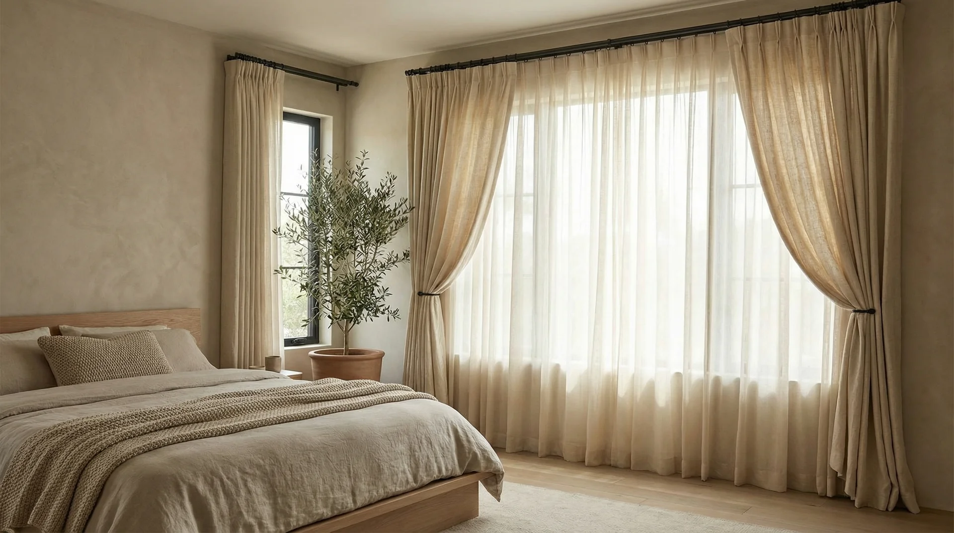 Layered curtains in a bedroom showing sheer inner panels and heavier linen drapes on outer track
