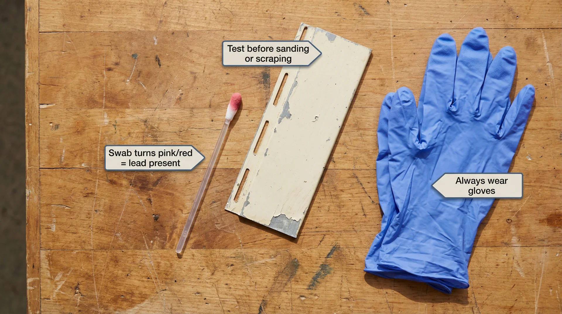 Lead paint test kit with positive result swab next to old aluminum siding panel and safety gloves on a workbench