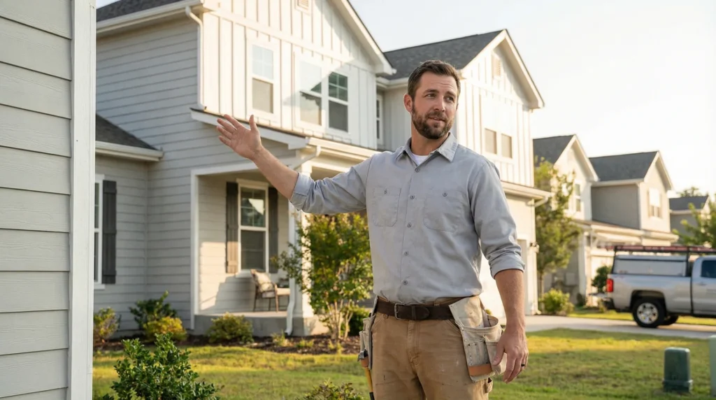 Licensed contractor explaining exterior siding options to a homeowner in front of a fiber cement sided home