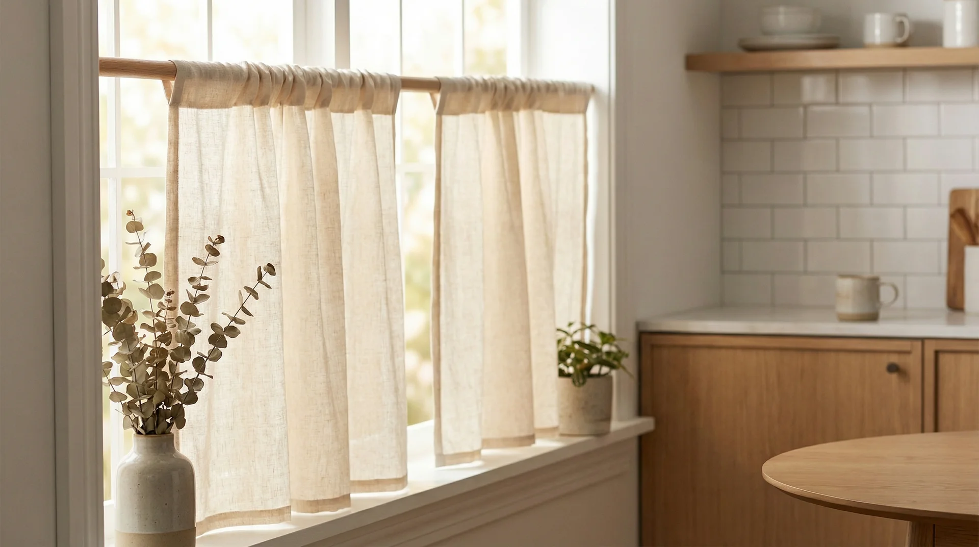 Light linen rod pocket valance with restrained subtle gathers on a casual kitchen window in natural light