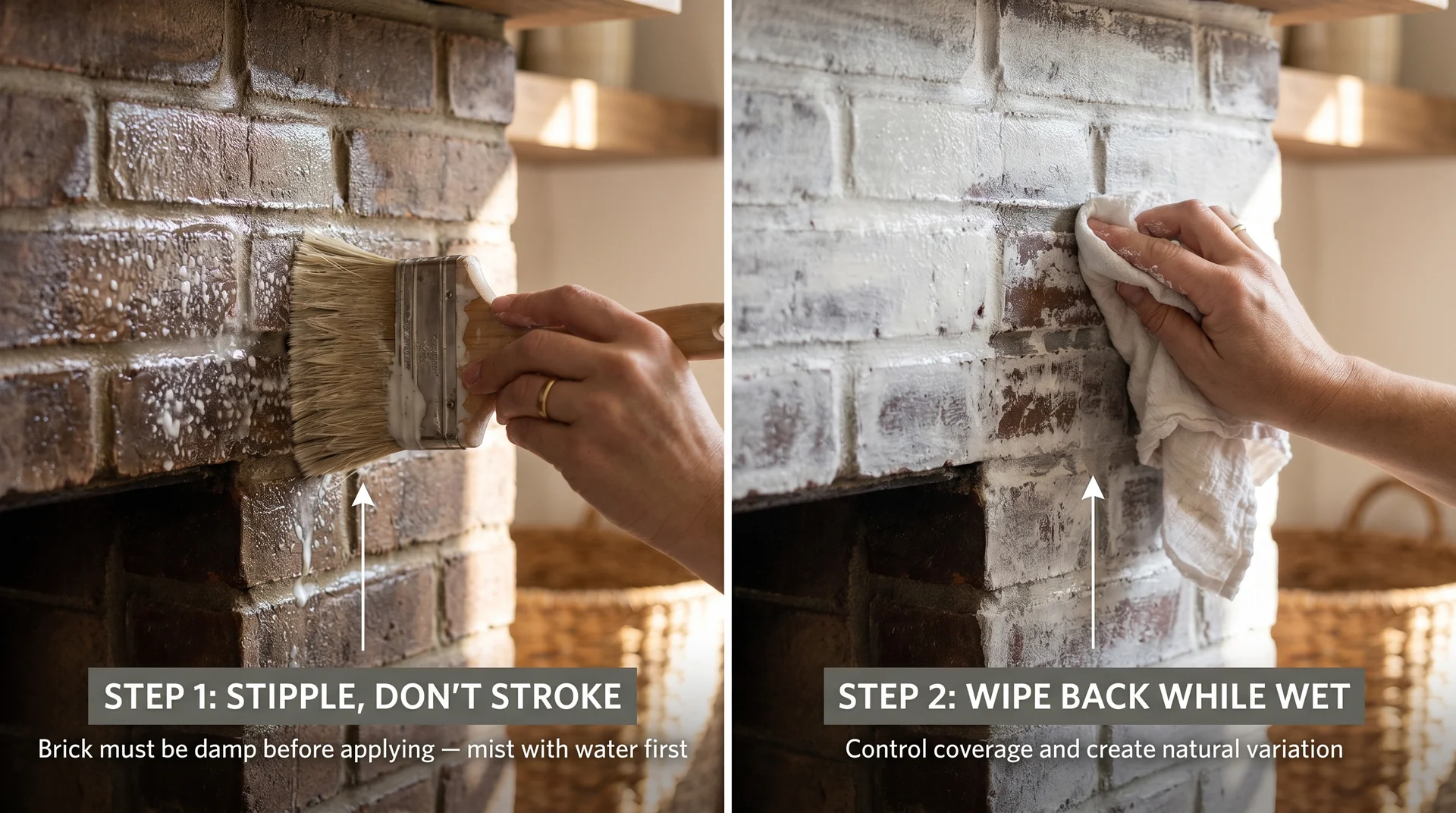 Limewash application side by side showing stipple brush on damp brick left and wipe-back cloth technique right