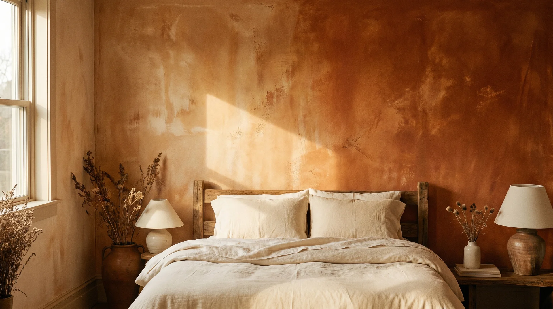Limewash burnt orange wall with natural tone variation behind a cream linen bed in a warm bedroom
