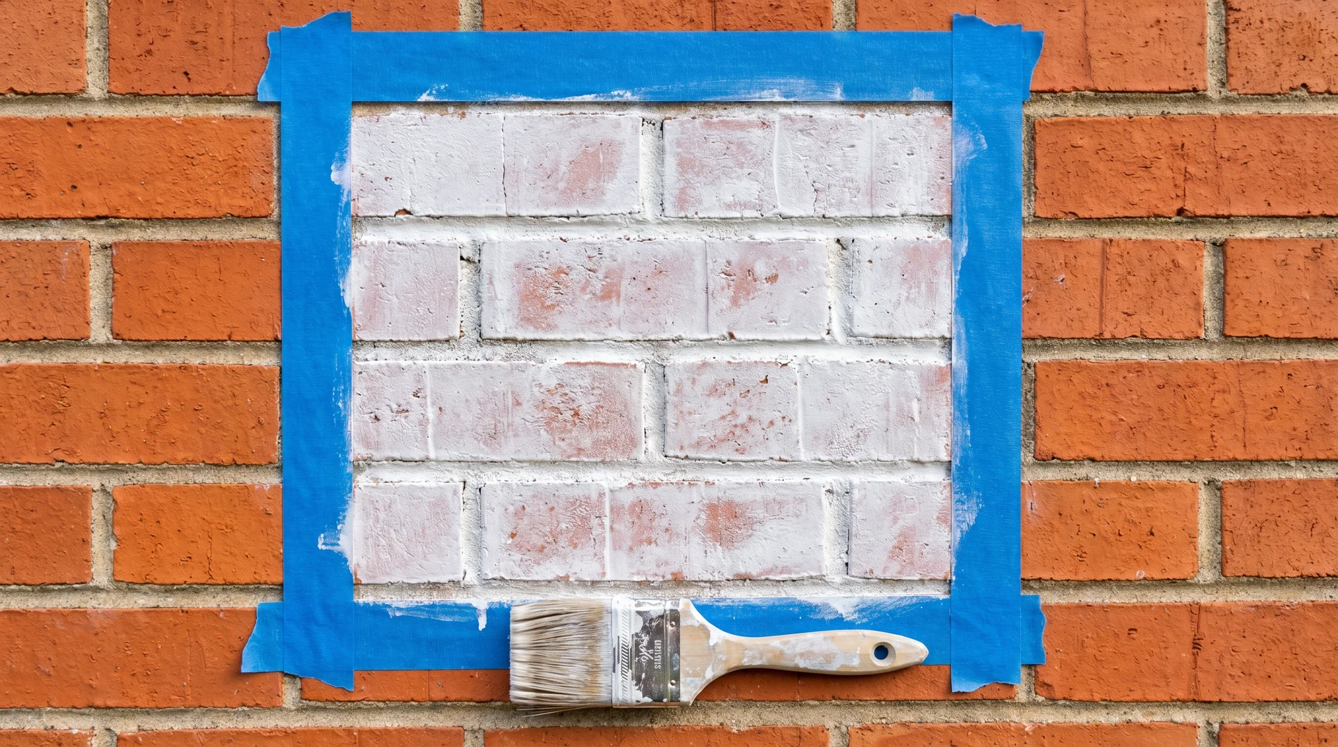Limewash patch test on a taped 2x2 foot section of red brick exterior, surrounded by original untreated orange brick for comparison