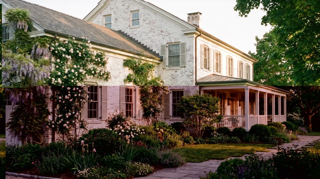 Limewashed brick exterior of a home with soft chalky white finish and visible brick texture in warm afternoon light