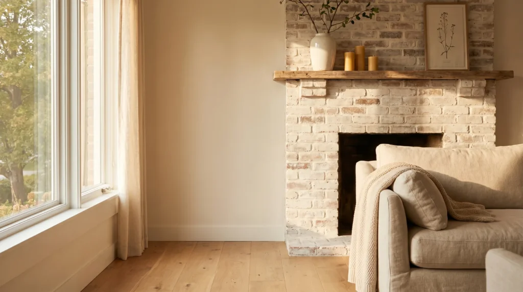 Limewashed brick fireplace with soft chalky white finish in a warm living room with white oak floors and linen sofa