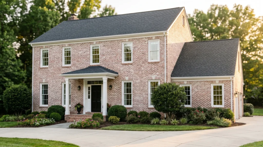 Limewashed red brick colonial house with black door, Pure White trim, and charcoal gray roof in warm afternoon light