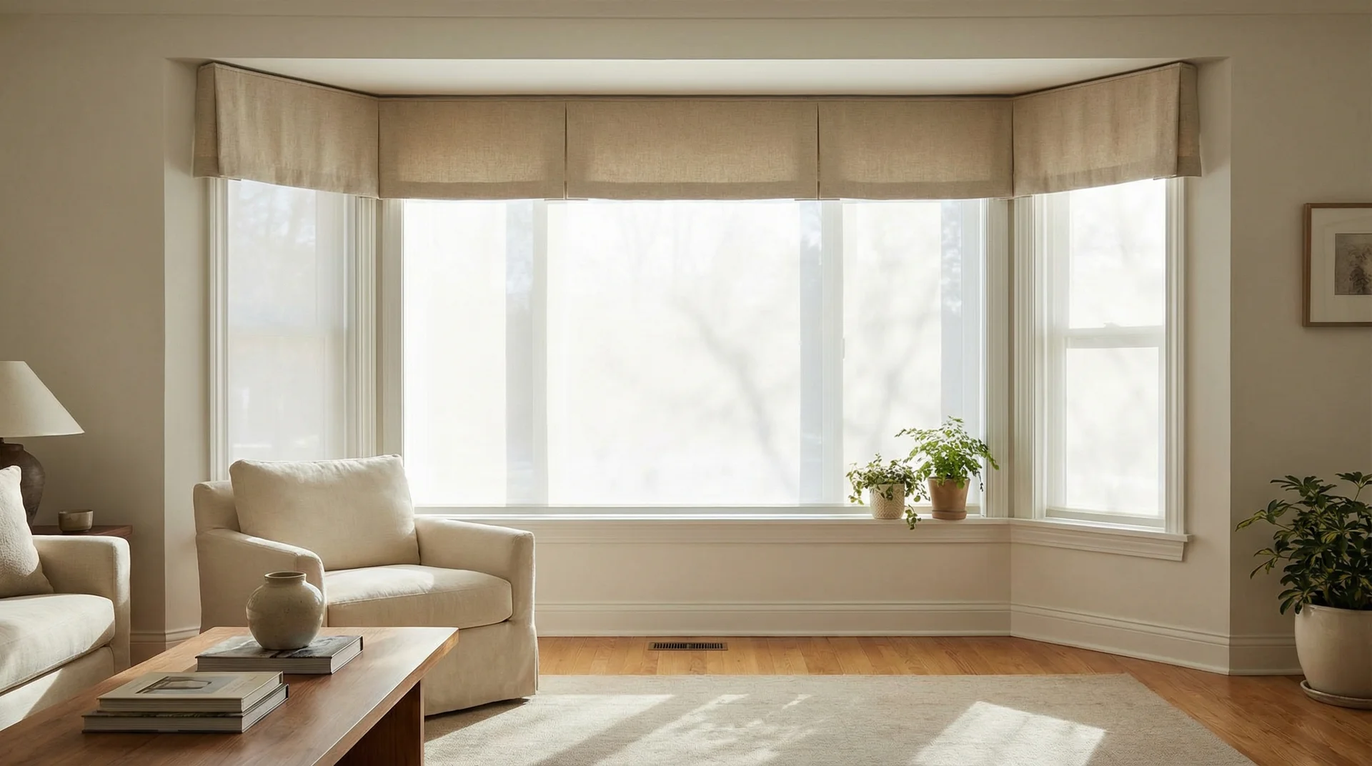 Linen box pleat valance layered over a sheer roller shade on a sunny living room window