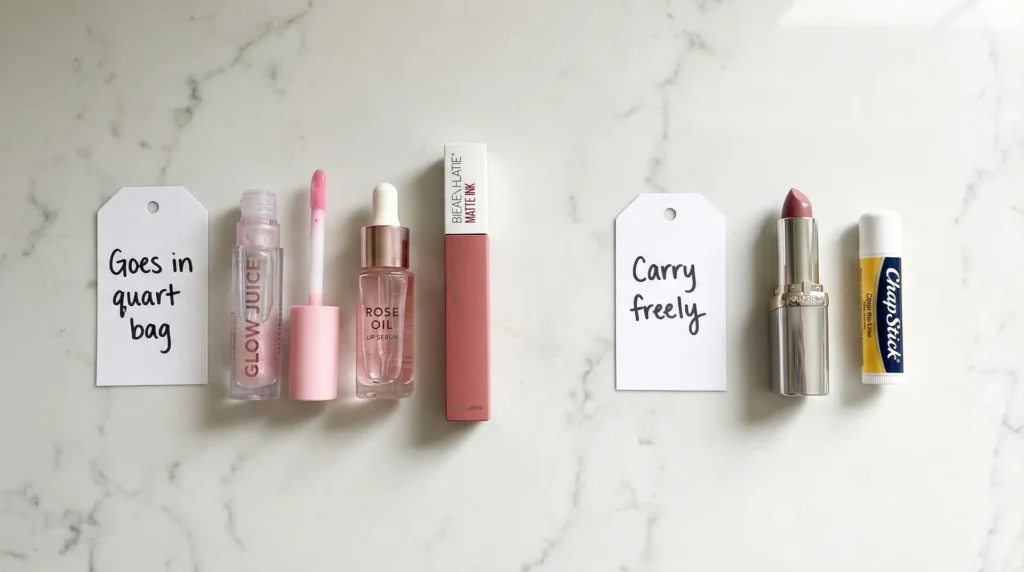 Lip gloss and lip oil grouped as TSA liquids beside solid lipstick and ChapStick grouped as carry-on safe