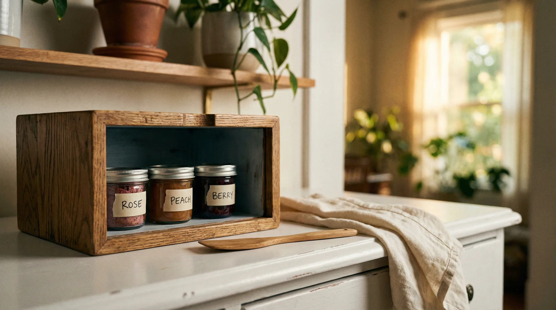 Lip gloss pots stored inside a cool dark drawer away from sunlight with a clean spatula nearby for hygienic application