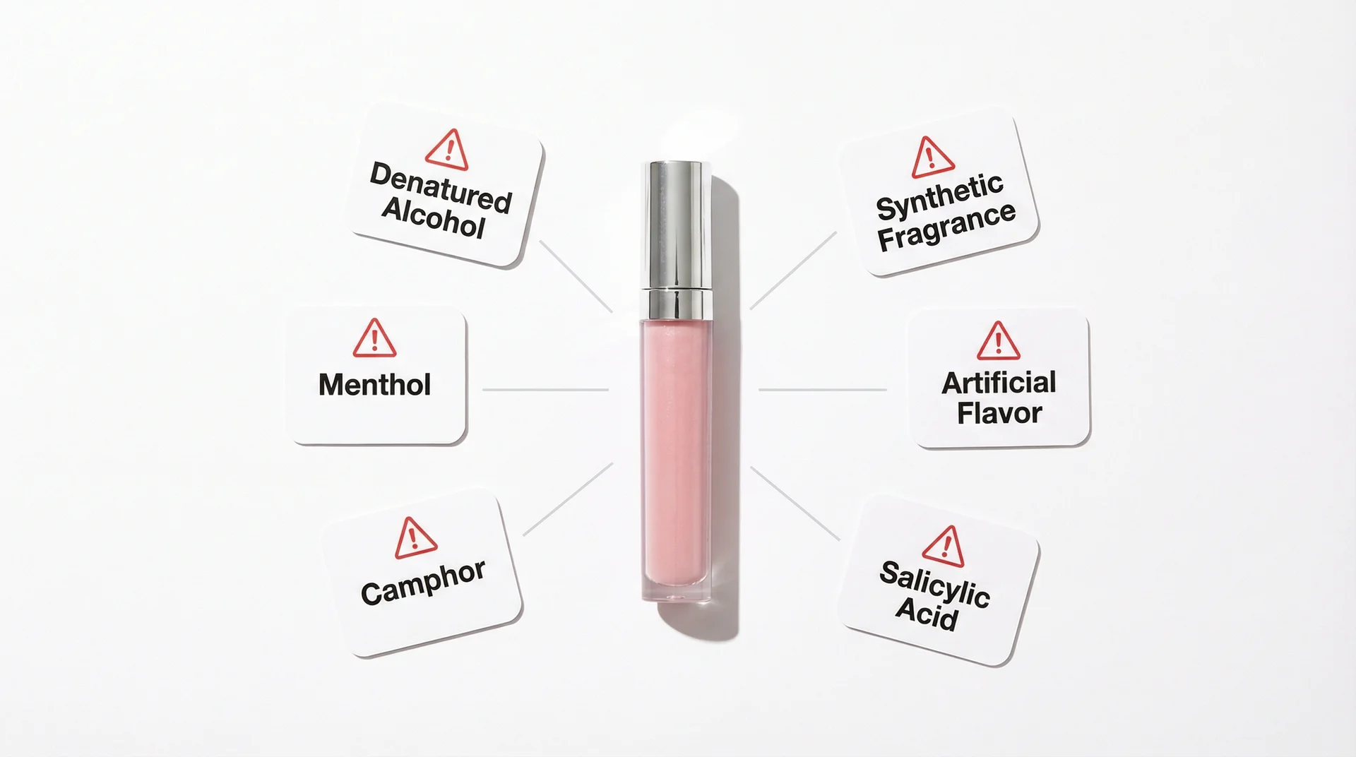Lip gloss tube with six callout labels showing drying ingredients to avoid including menthol and alcohol
