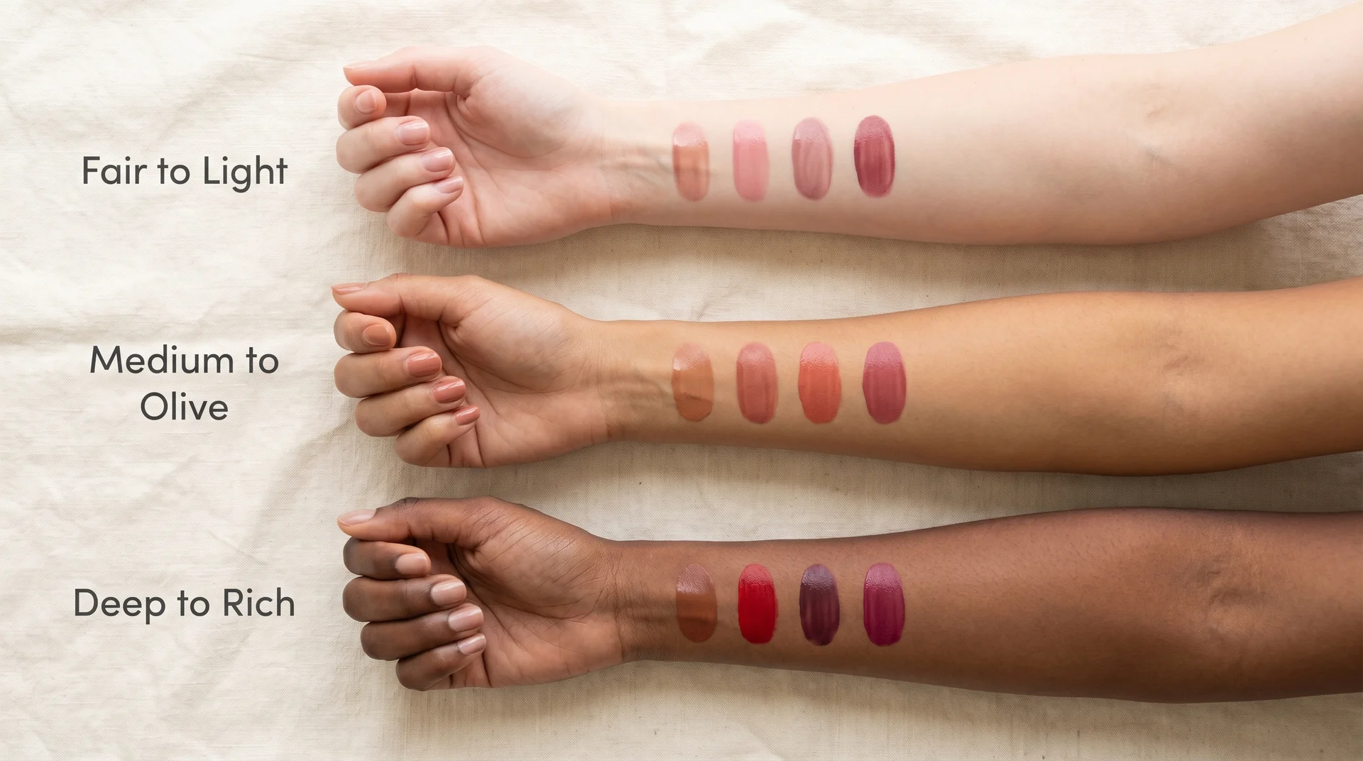Lip lacquer shade guide showing recommended colors for fair, medium, and deep skin tones in three swatched rows.