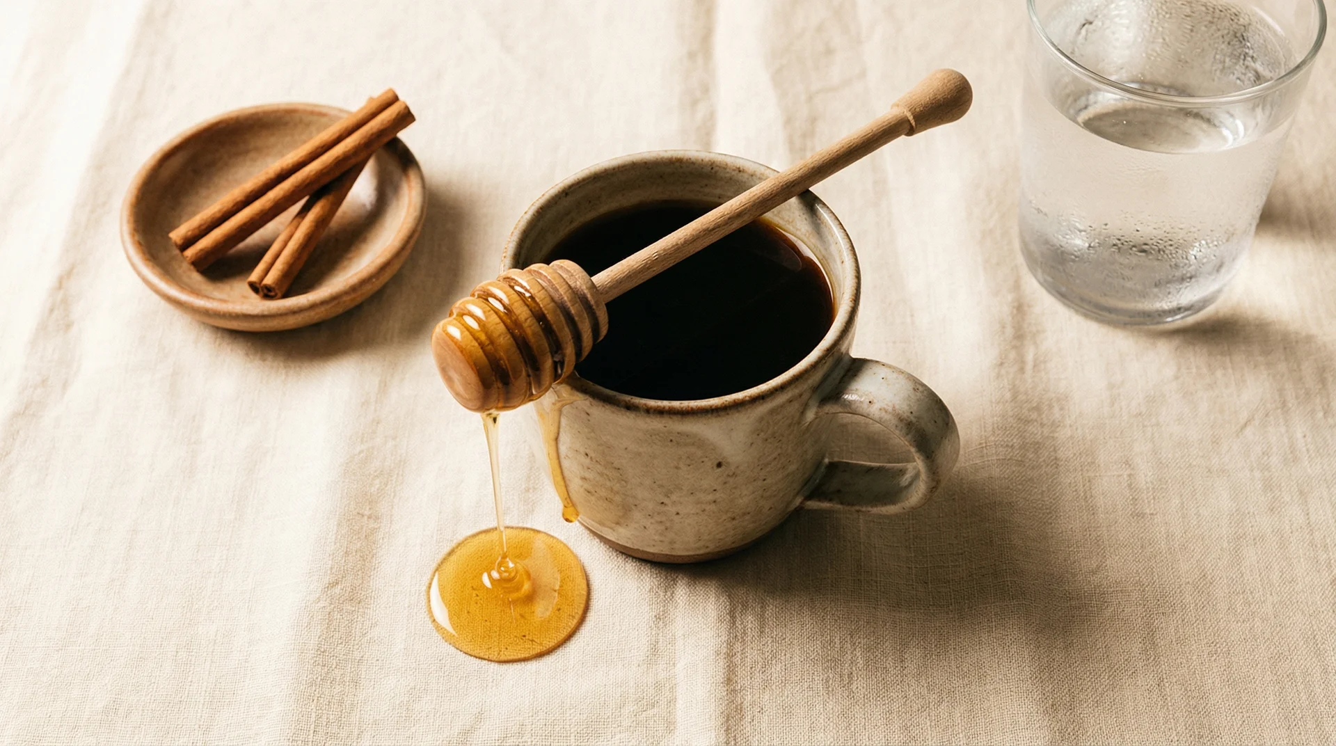 Lukewarm black coffee with raw honey and a glass of water, a sore throat-friendly combination