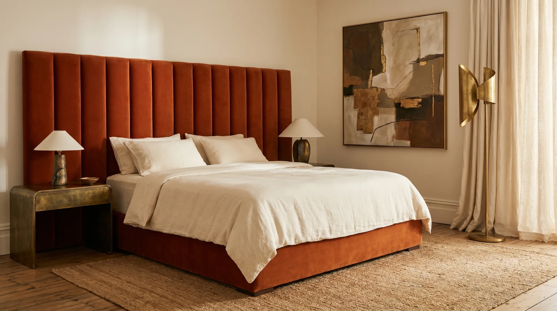 Luxe burnt orange velvet bed frame with cream linen bedding, antique brass tables, and a sculptural brass lamp