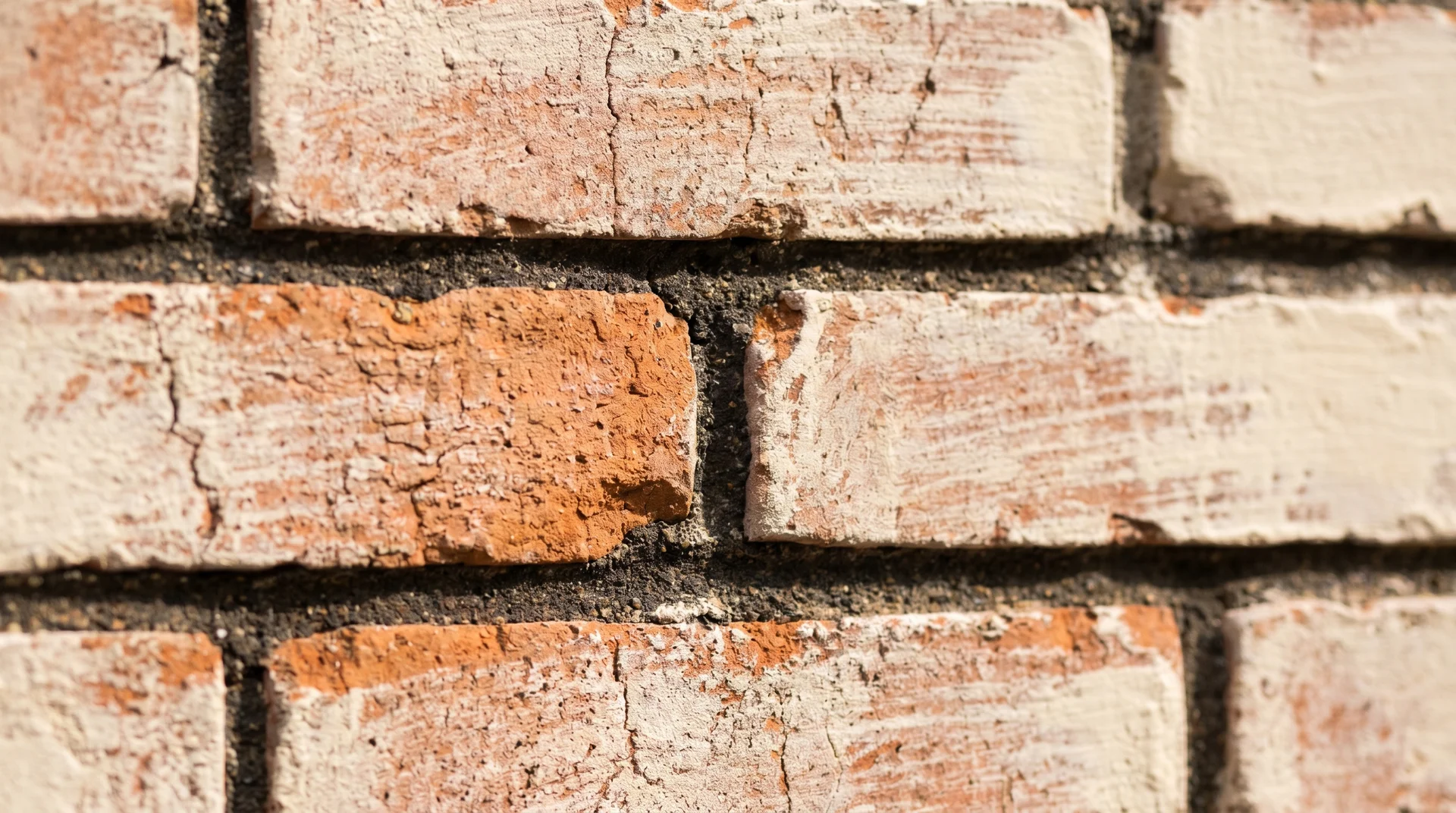 Macro close-up of limewashed brick exterior showing chalky white finish while brick texture and mortar joints remain visible