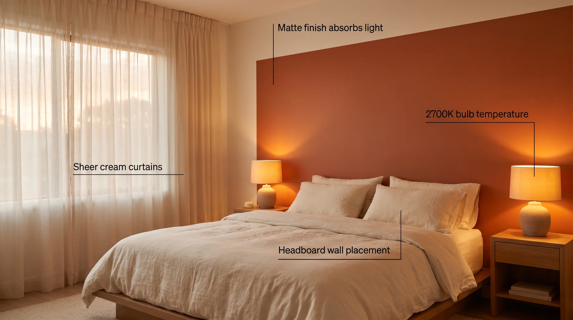 Matte burnt orange headboard wall bedroom with annotated warm lighting and sheer curtains for restful sleep 