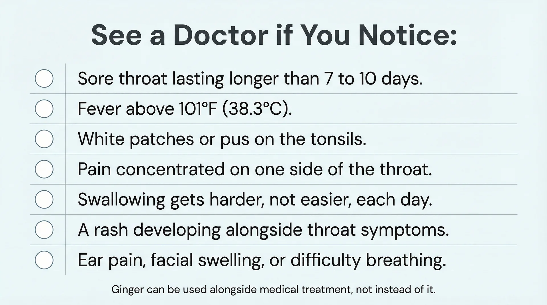 Medical checklist of seven warning signs that a sore throat needs a doctor, not home remedies like ginger tea