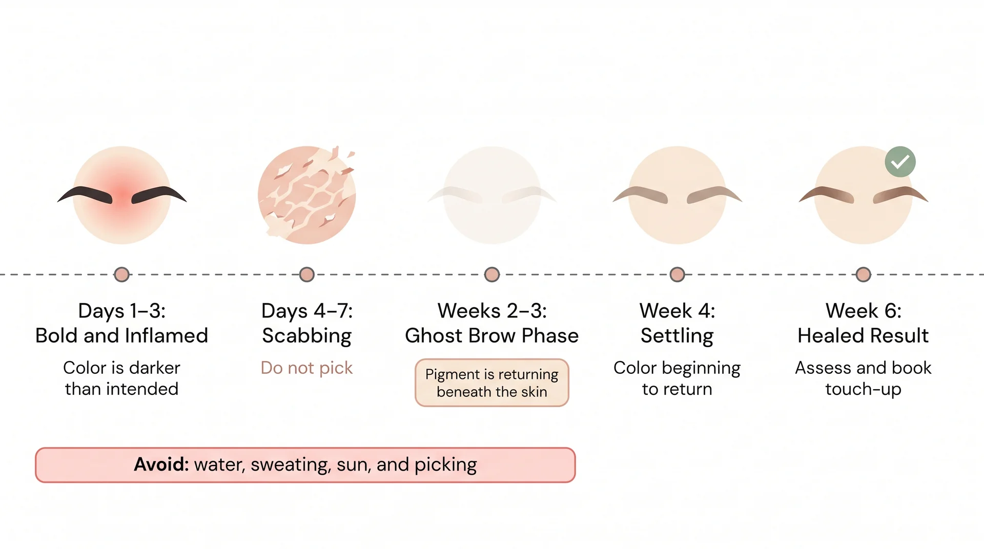 Microblading healing week-by-week timeline from day-one dark brows through week-six healed result with aftercare caution zone