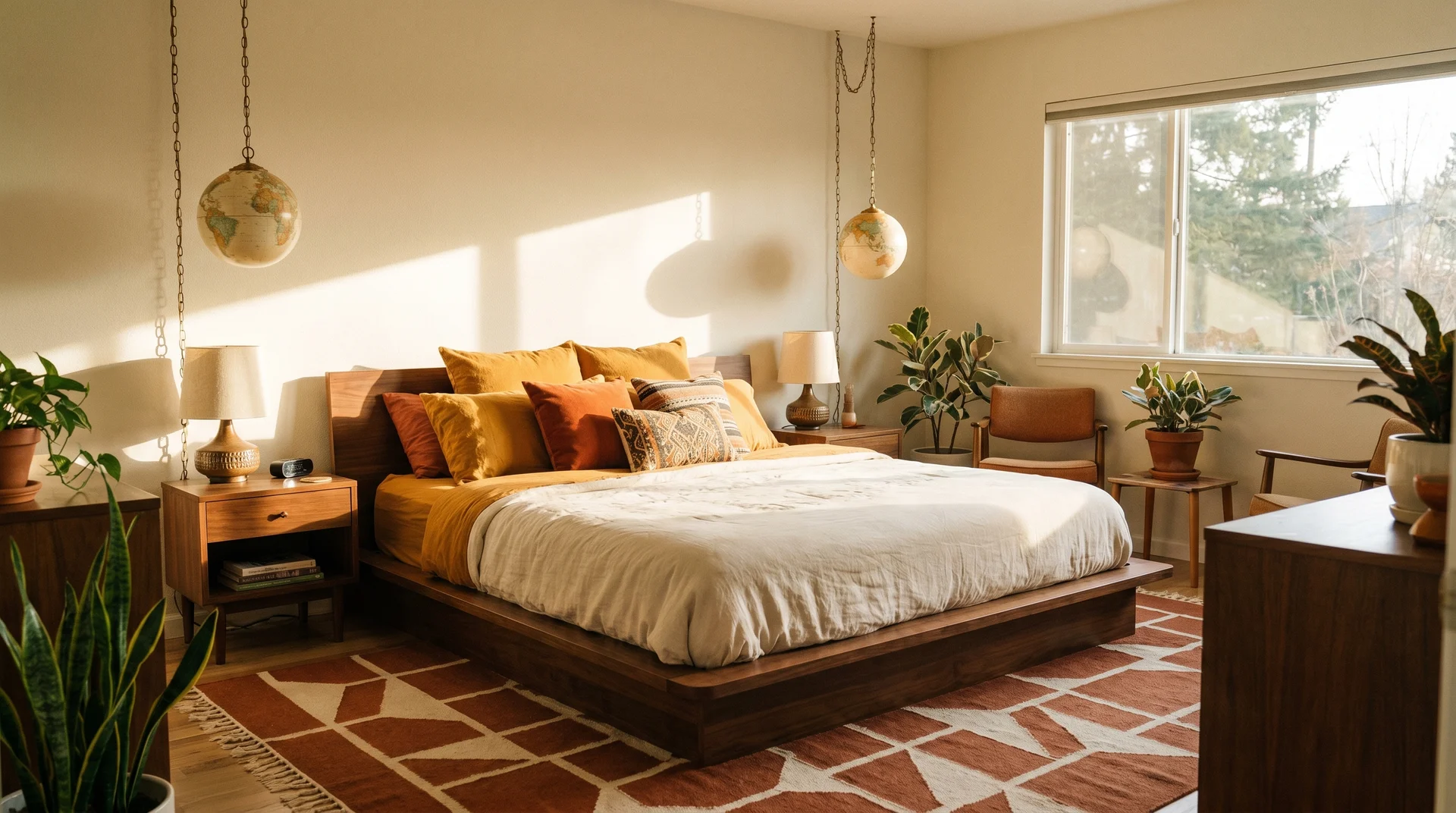 Mid-century bedroom with walnut bed, ochre and burnt orange cushions, cream duvet, and a rust geometric rug
