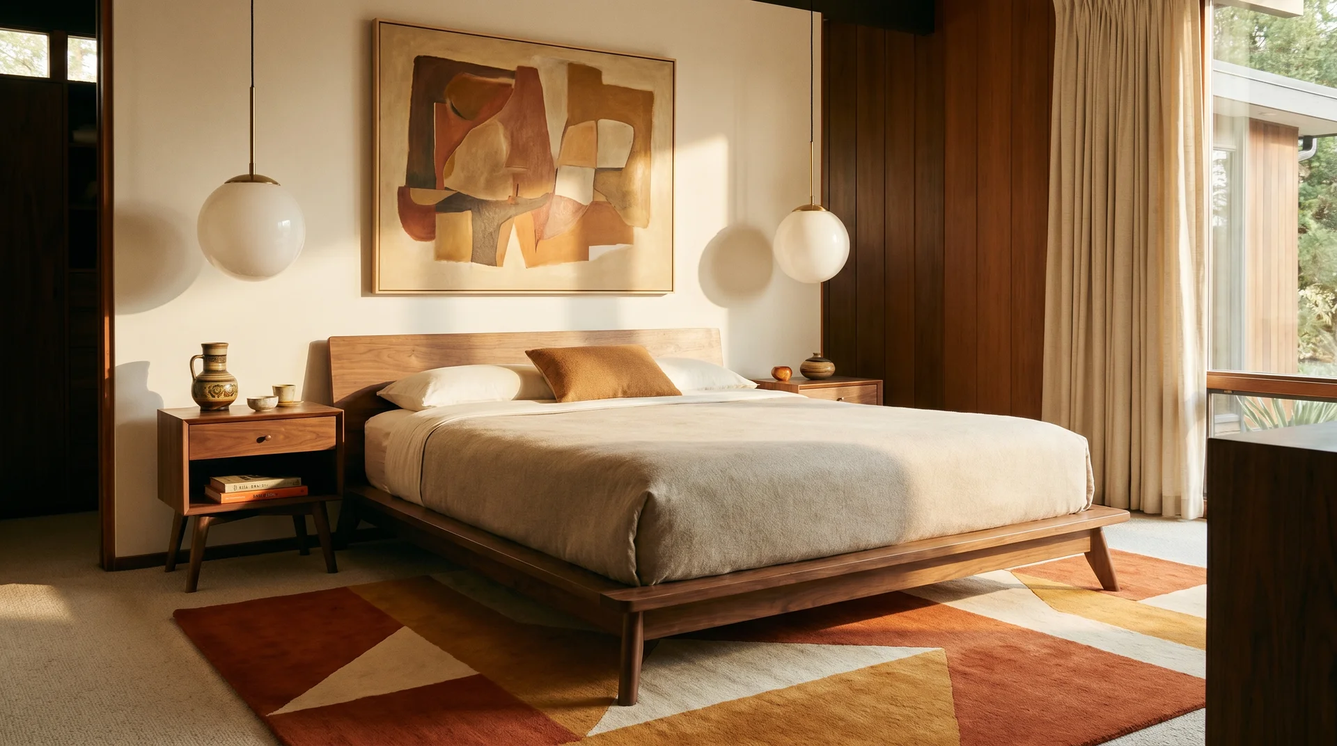 Mid-century modern bedroom with walnut platform bed, burnt orange geometric rug, and globe pendant lights