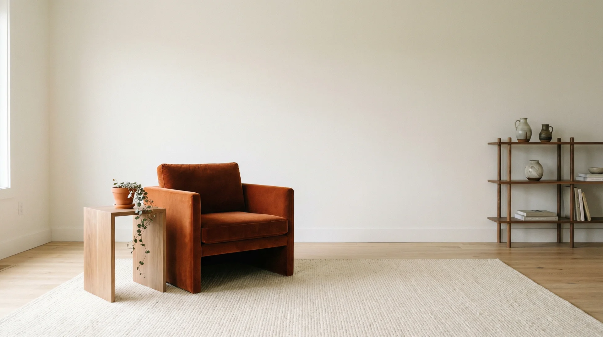 Minimalist rustic living room with a single burnt orange velvet armchair, white oak floors and negative space throughout