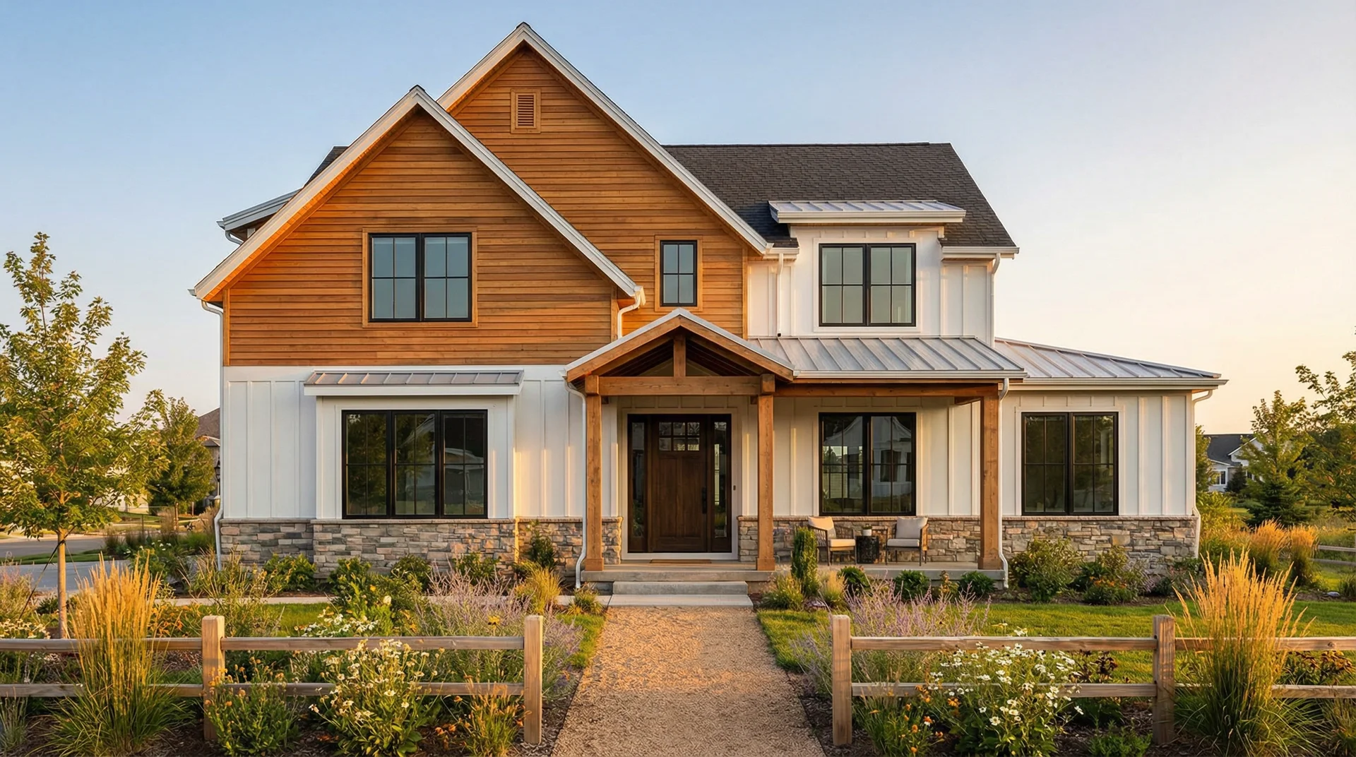 Modern farmhouse exterior combining matte white steel board-and-batten, cedar wood gable, and stone veneer base
