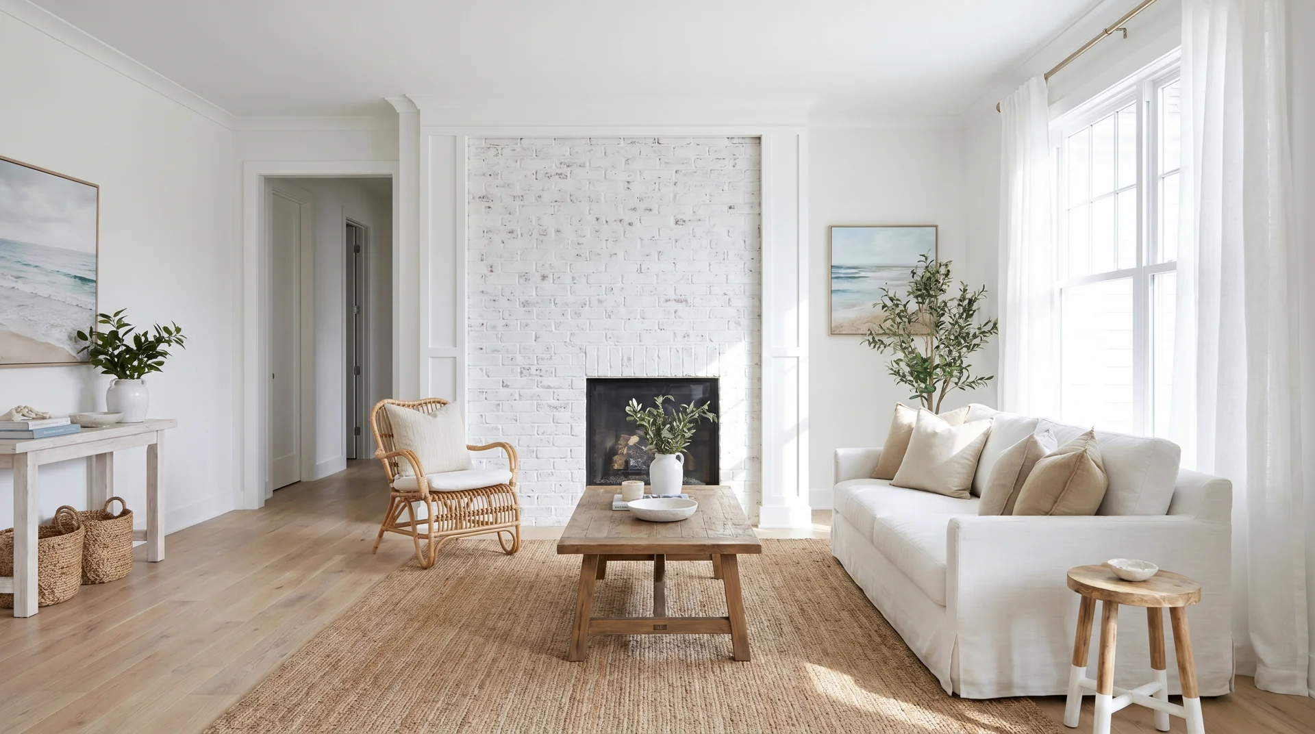 Modern farmhouse living room with fully whitewashed brick fireplace, white oak floors, and linen sofa in natural light