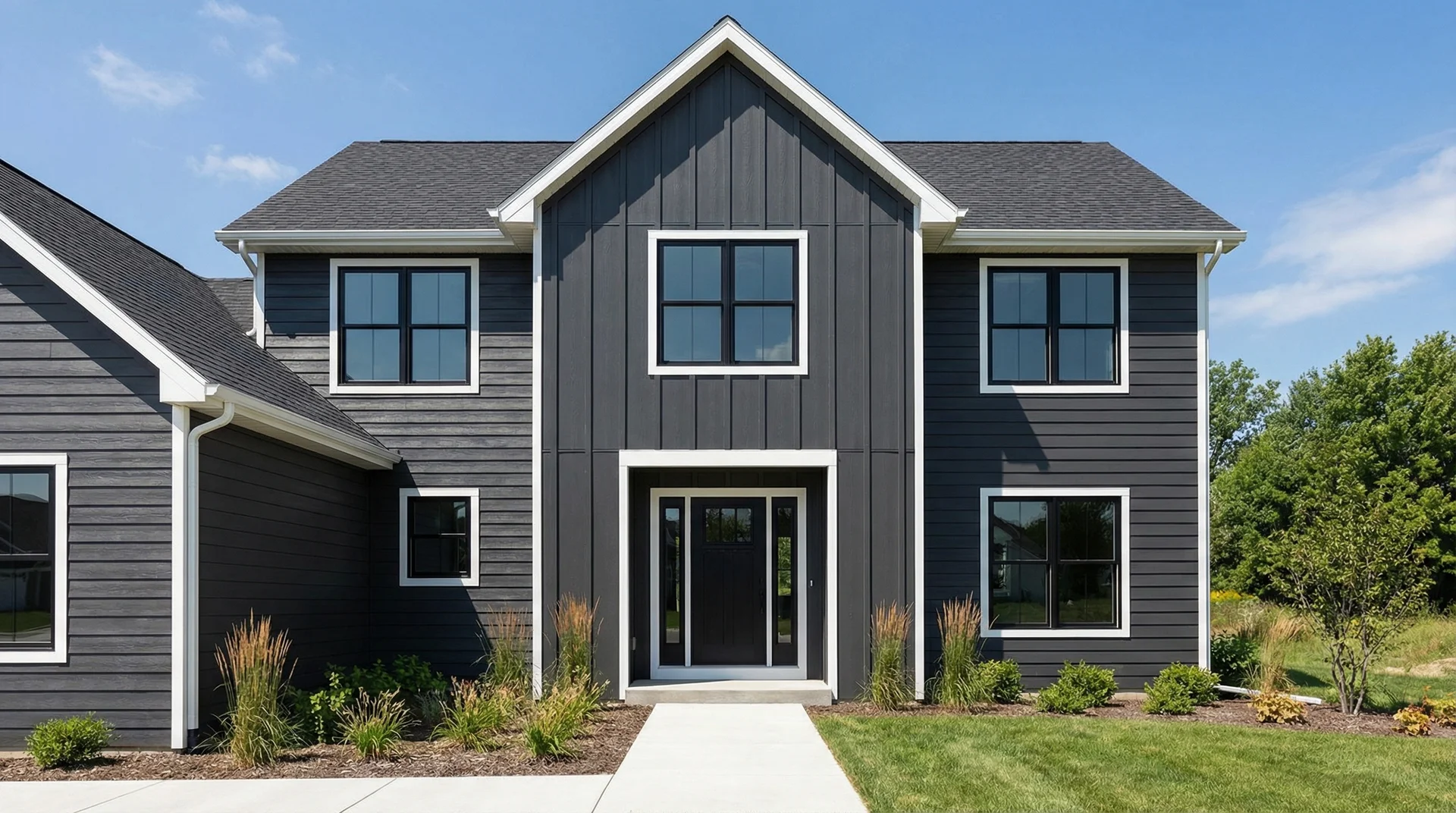 Modern farmhouse with dark charcoal steel siding showing horizontal lap panels and vertical board-and-batten on gable end
