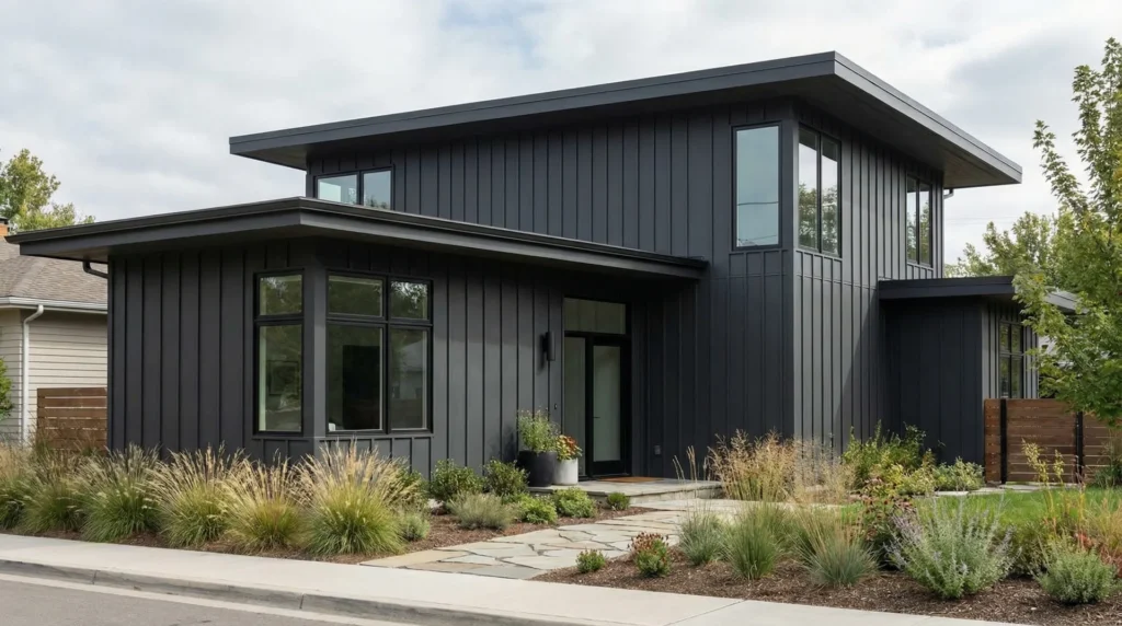 Modern home with dark charcoal steel board-and-batten siding and large black-framed windows