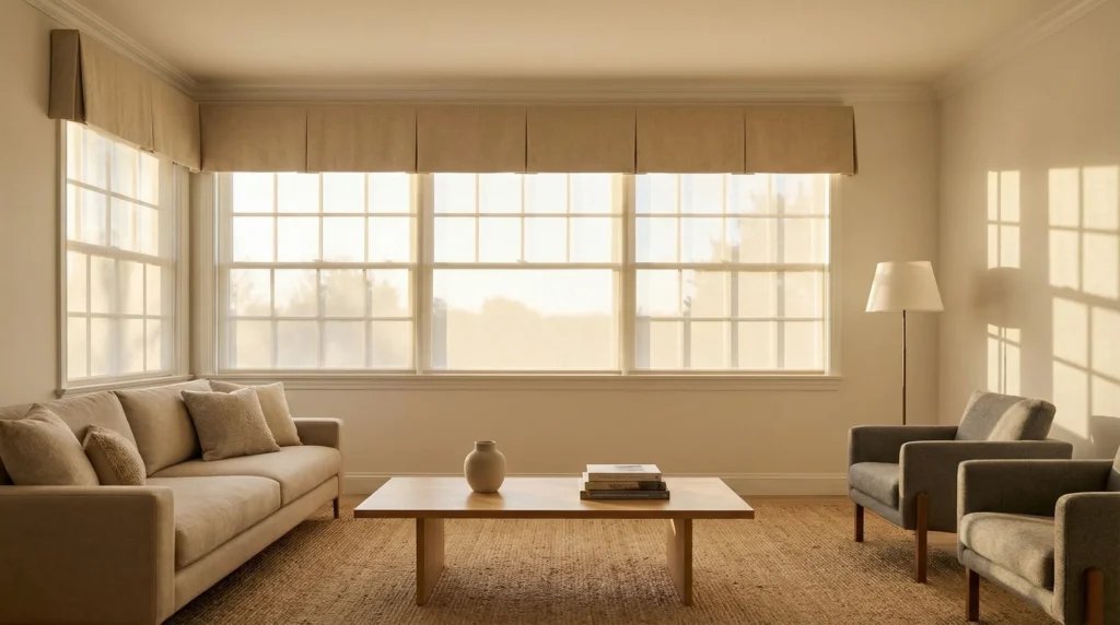 Modern linen box pleat valance on a bright living room window with sheer roller shades beneath