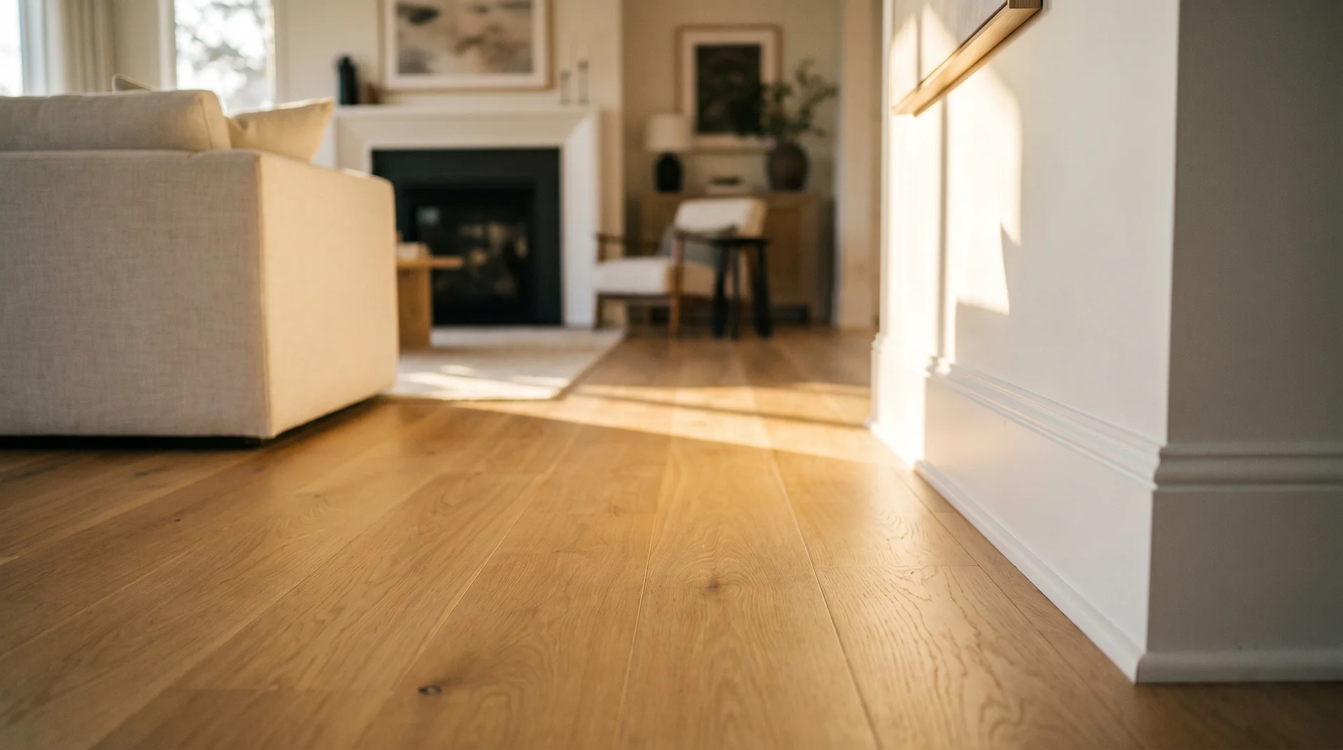 Modern living room with white flat baseboards and shoe molding trim installed at warm oak hardwood floor