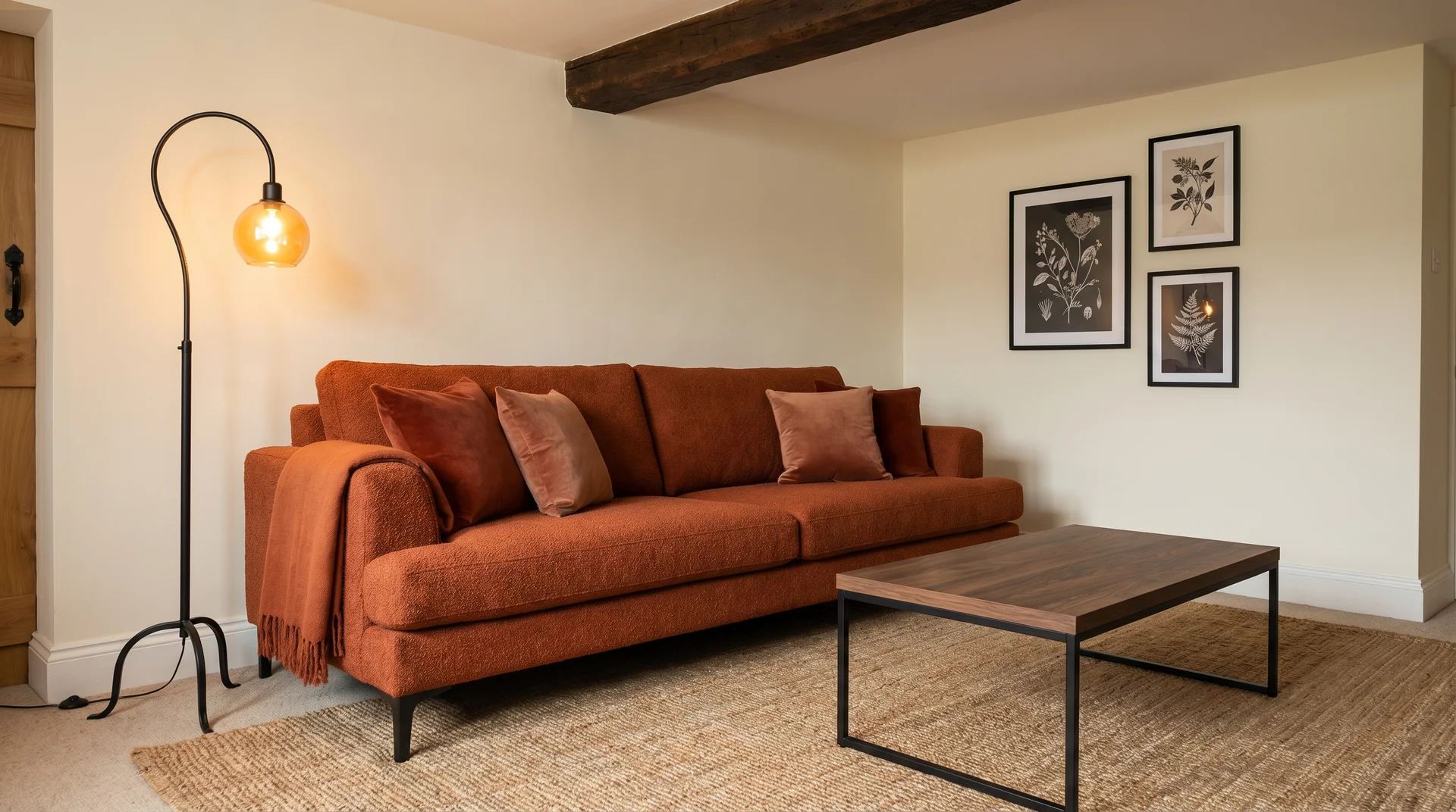 Modern rustic living room with burnt orange sofa, black wrought iron floor lamp, dark beam and black-framed gallery wall