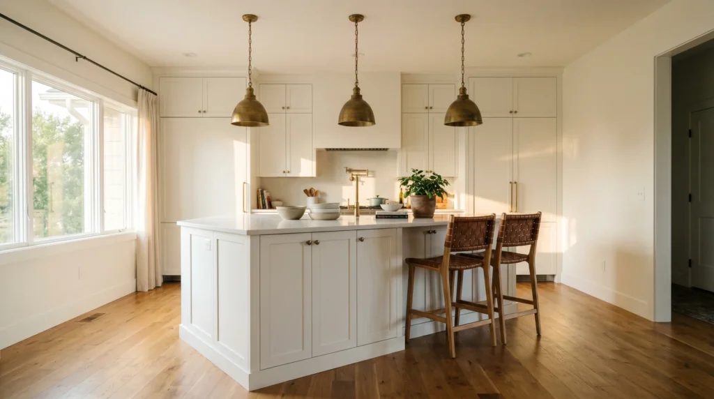 Modern white kitchen island with counter-height stools and pendant lights in a warm transitional kitchen