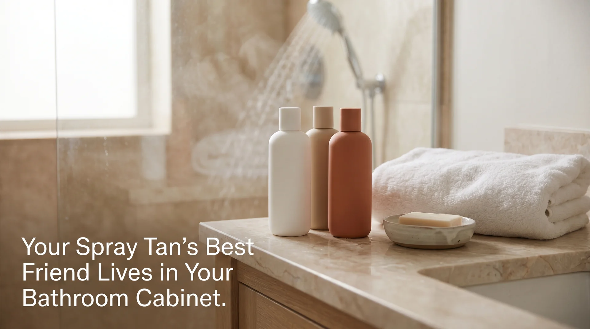 Moisturizer bottles on a marble bathroom counter next to a white towel for spray tan aftercare