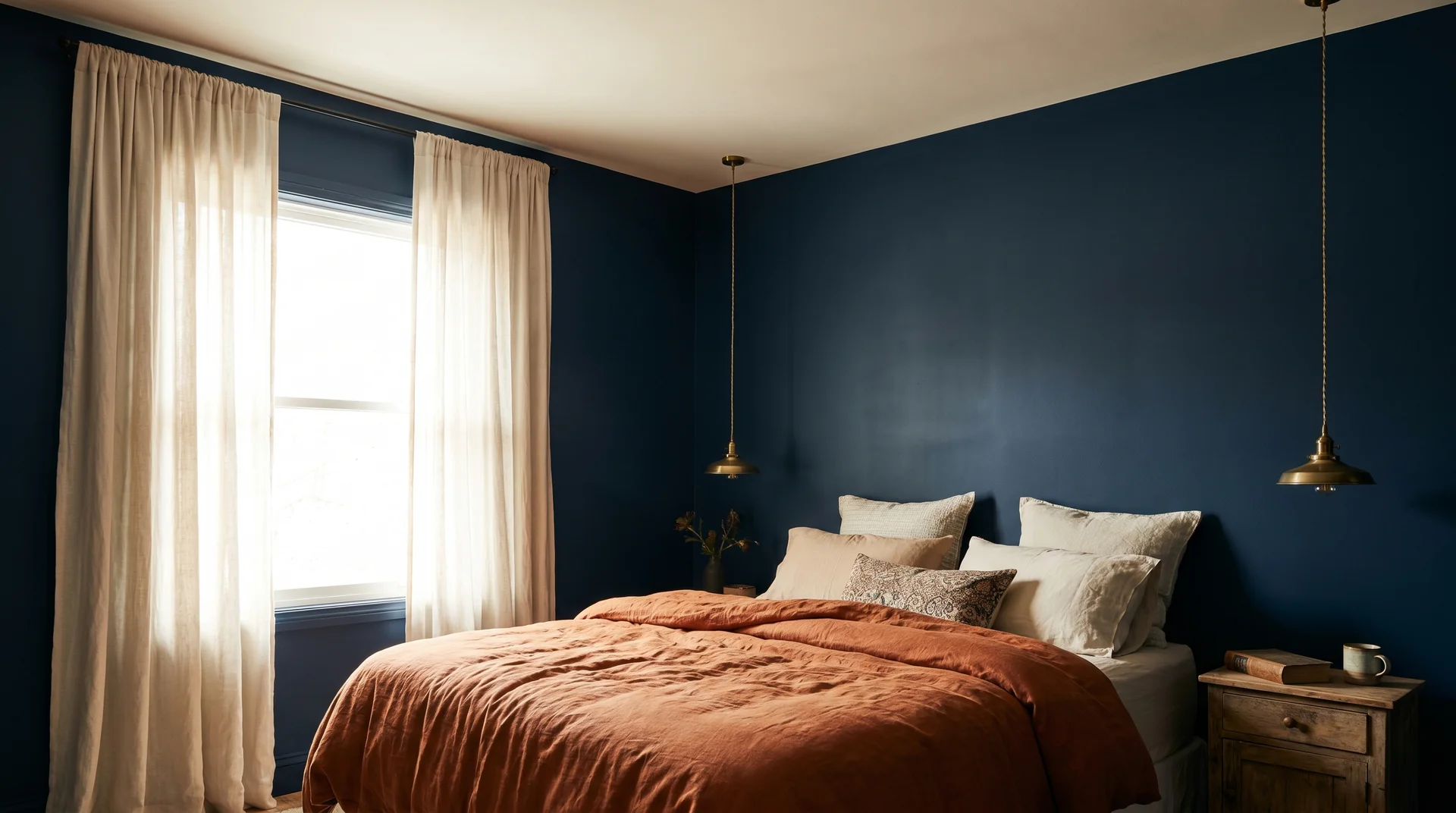 Moody all-navy bedroom with burnt orange duvet, white ceiling, antique brass pendant light, and oat curtains 