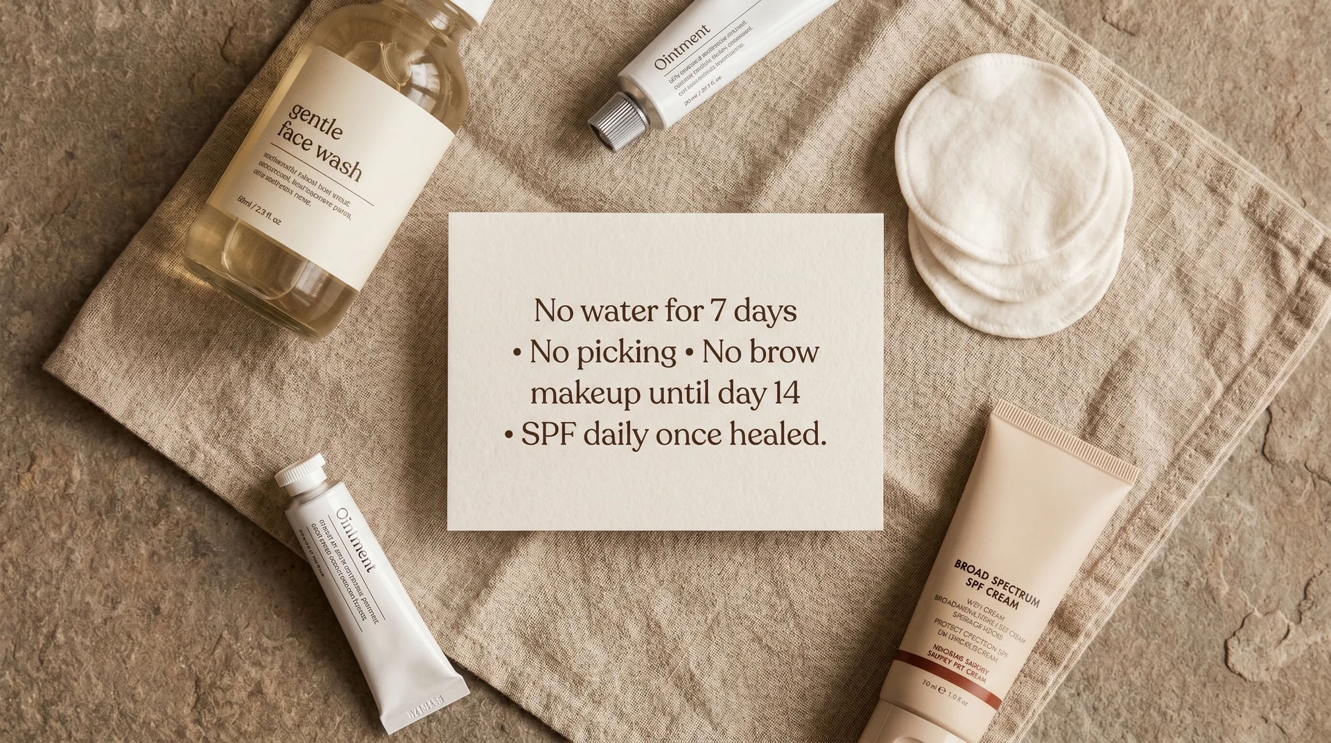 Nano brows aftercare flat-lay with SPF, ointment, and aftercare rules on linen background
