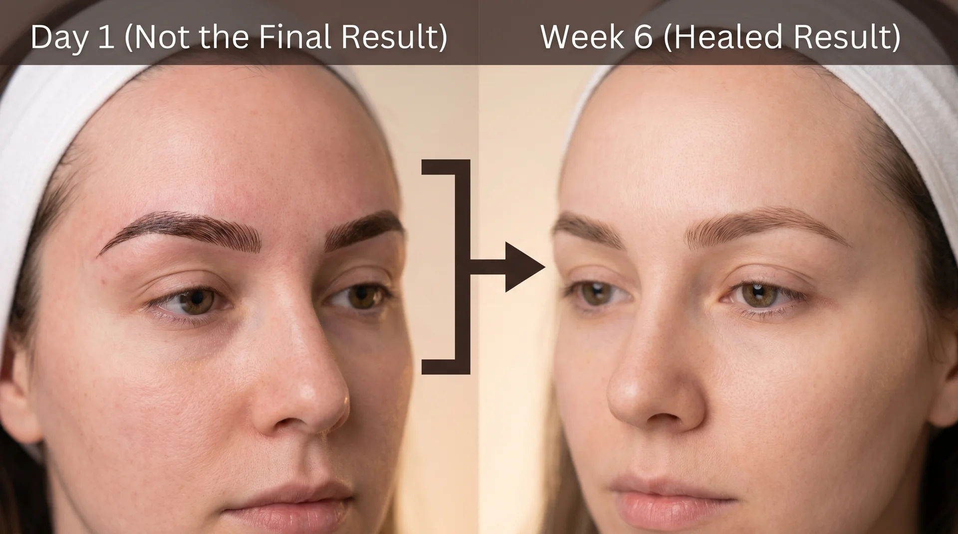 Nano brows before and after comparison showing day-one dark result versus week-six healed natural result
