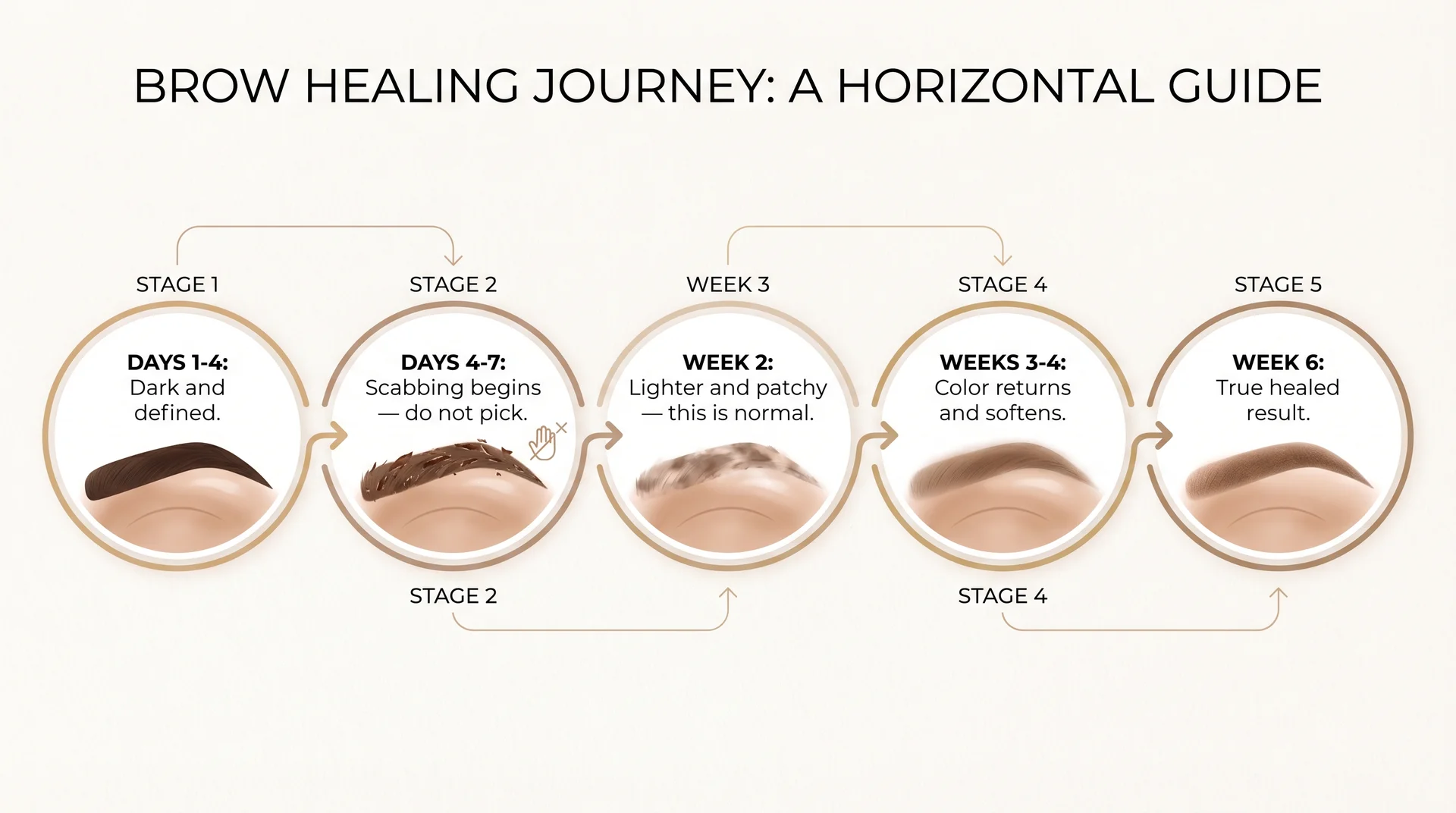 Nano brows healing timeline infographic showing five stages from day one to week six healed result
