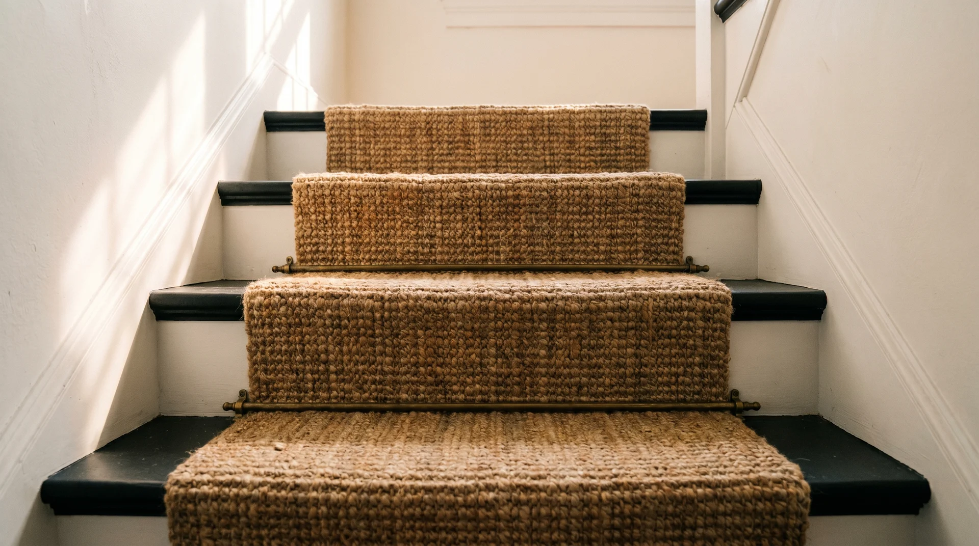 Natural jute runner on black painted stair treads with white risers and brass rods, showing warm textural contrast