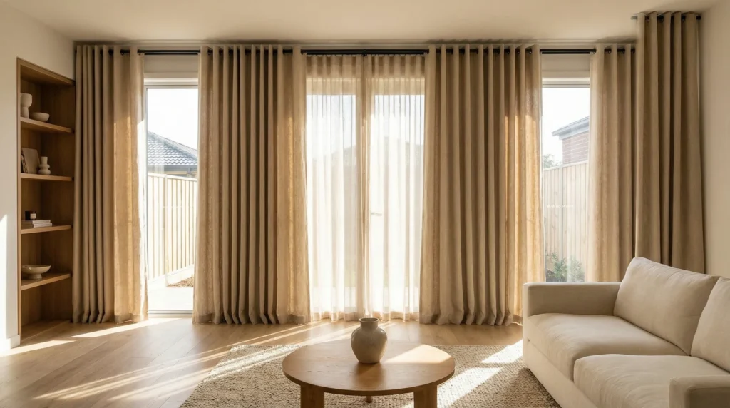 Natural linen grommet curtains hung at ceiling height in a modern living room with warm neutral tones