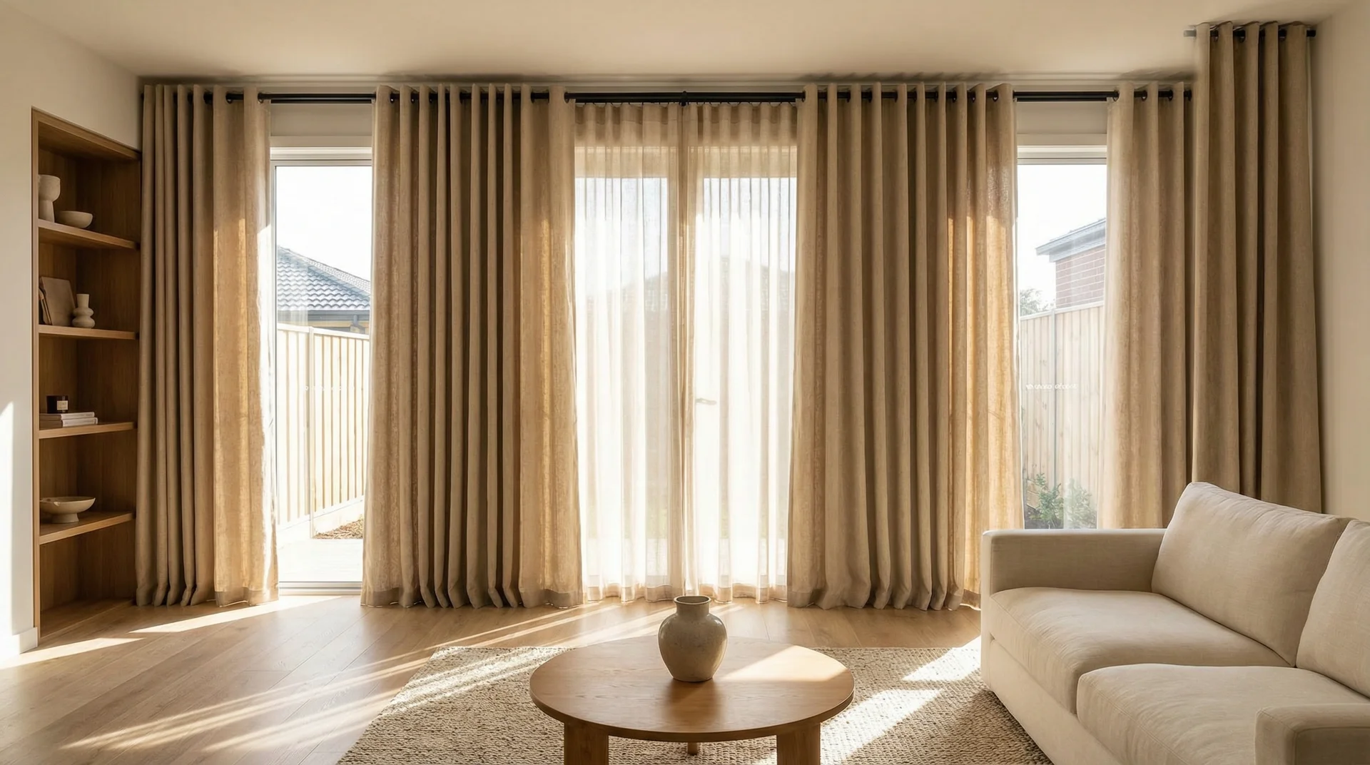 Natural linen grommet curtains hung at ceiling height in a modern living room with warm neutral tones