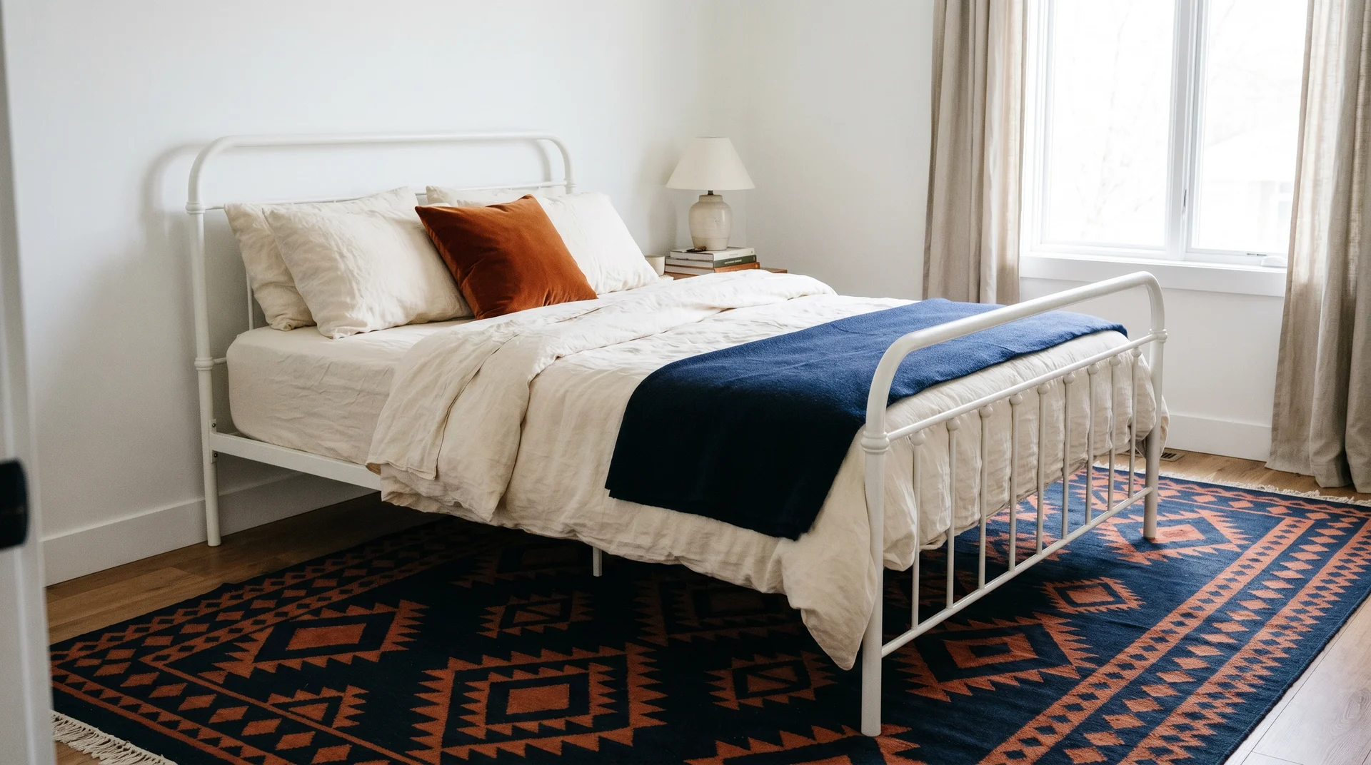 Navy and burnt orange geometric rug under a cream bed with one orange cushion and navy throw for renters 