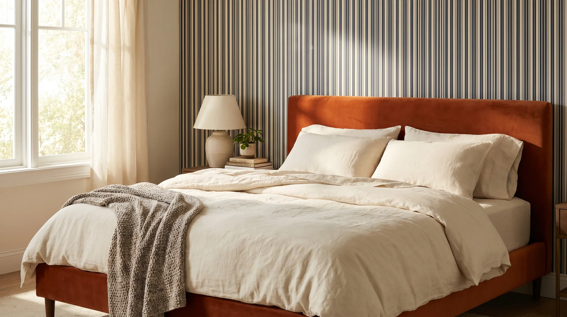 Navy and cream striped wallpaper headboard wall with burnt orange velvet bed frame and cream linen bedding