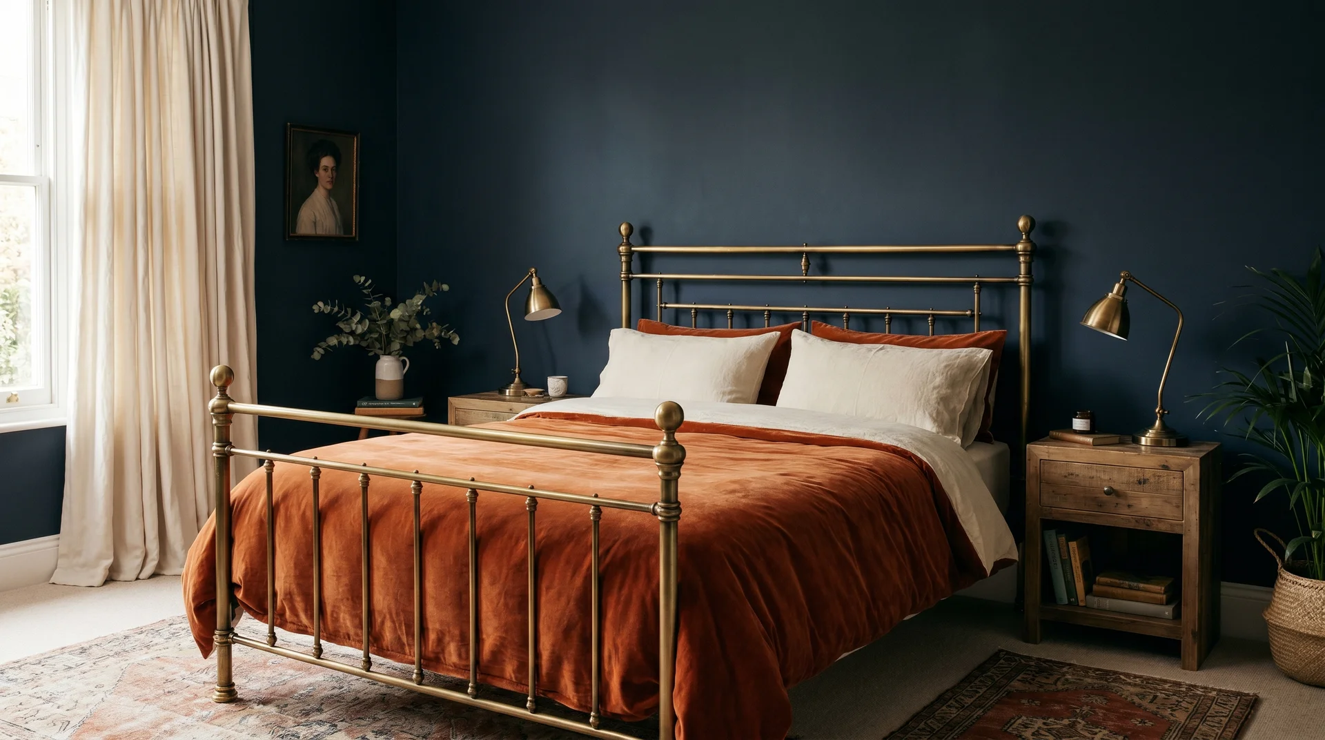 Navy headboard wall with burnt orange velvet duvet, cream pillowcases, and antique brass lamps in bedroom 