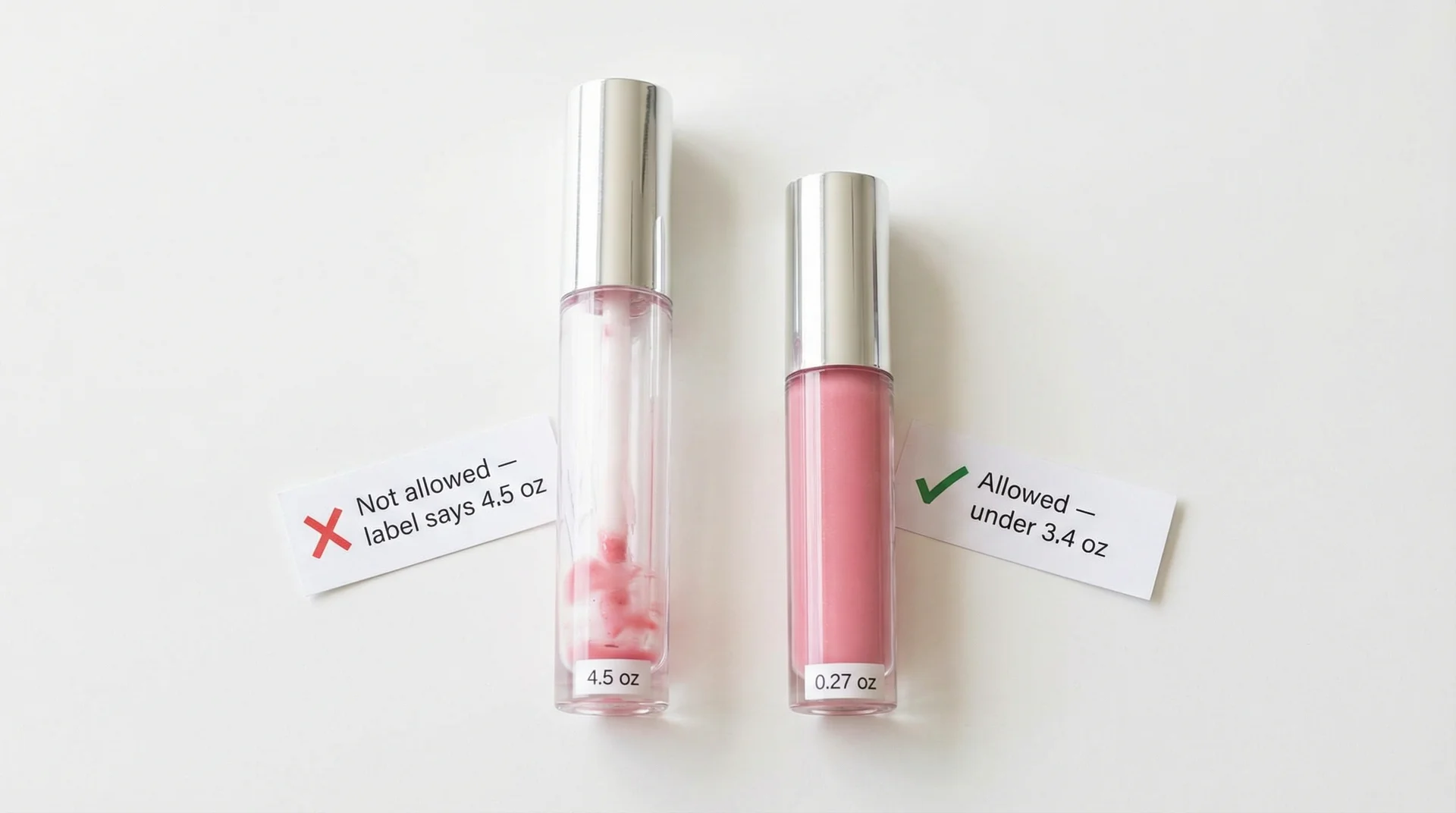 Nearly empty 4.5 oz lip gloss tube marked not allowed beside a 0.27 oz travel size tube marked allowed by TSA