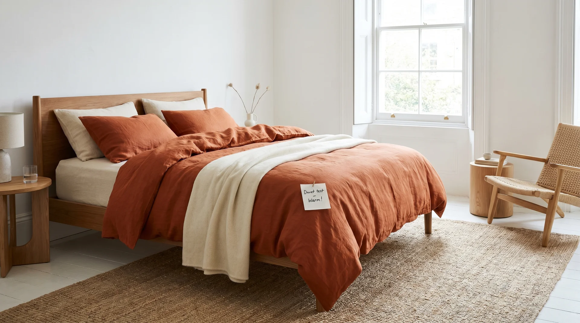 Neutral cream bedroom with only a burnt orange linen duvet cover added to test the colour before painting