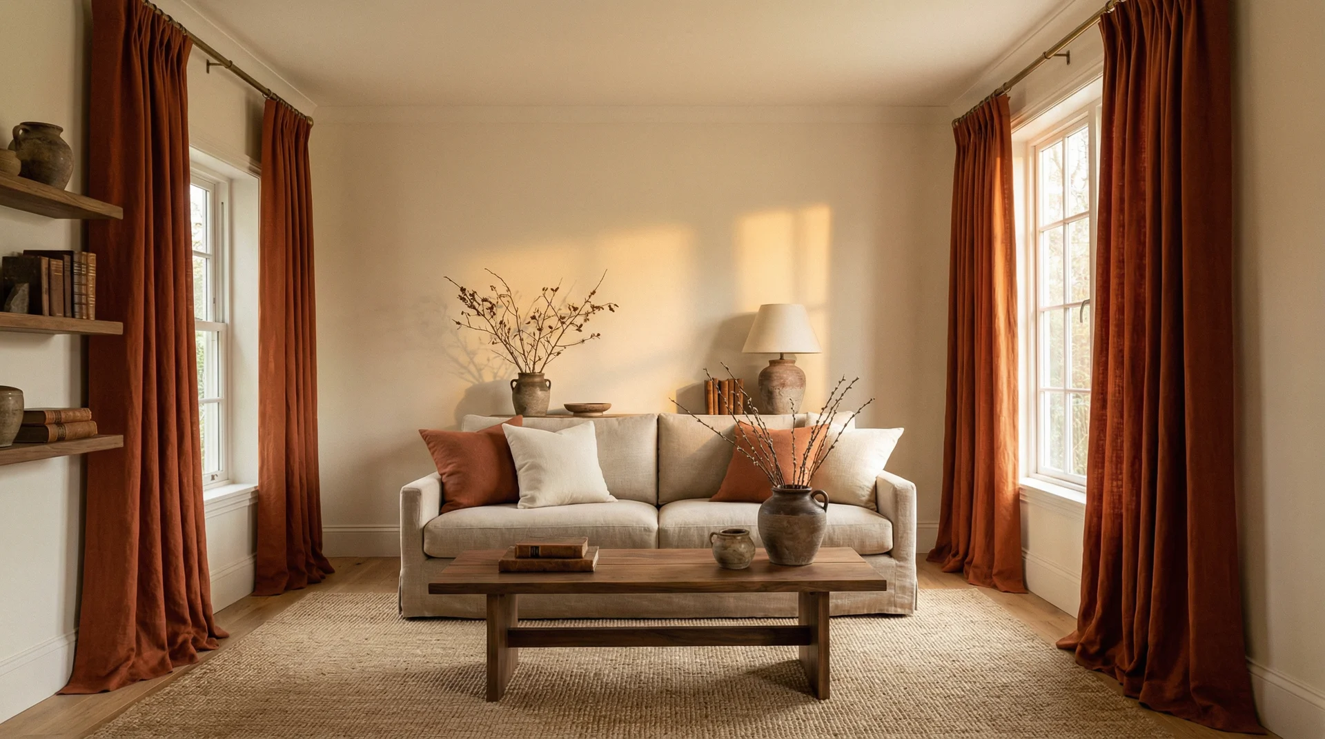 Neutral rustic living room where floor-length burnt orange linen curtains are the single colour statement against cream walls