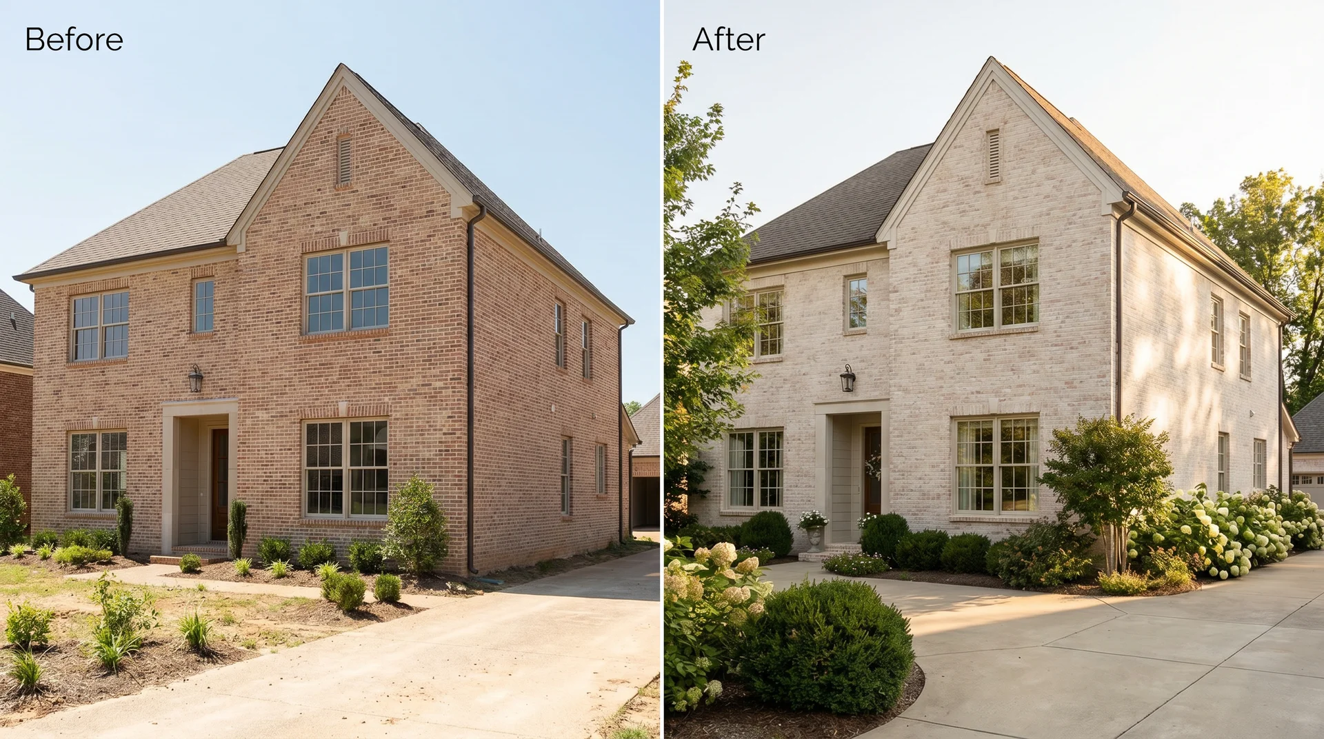 New construction brick split before and after: fresh uniform brick on left, light 20–25% opacity limewash on right
